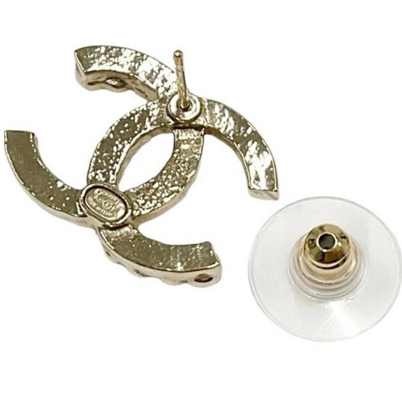 CHANEL CC Logos Rhinestone Stud Earrings Gold Tone A22P Auth w/Box - Picture 3 of 9